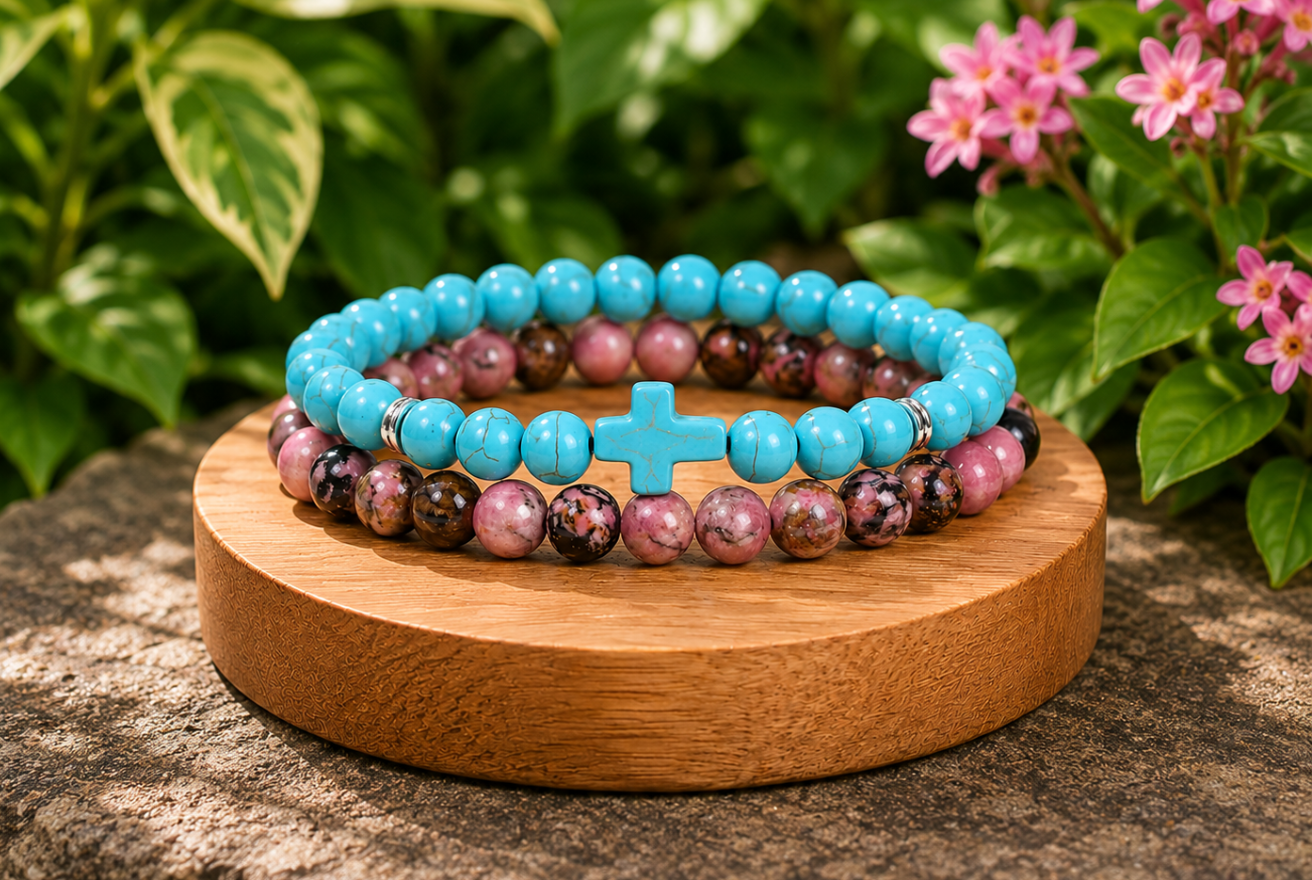 Coffret cadeau Turquenite teintée azur et Rhodonite naturelle, avec deux bracelets dans leurs écrins.