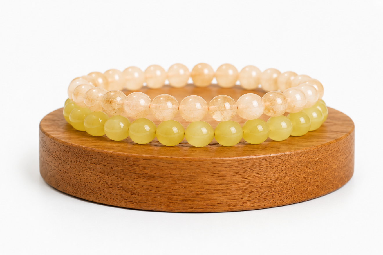 Coffret duo Citrine chauffée issue d’Améthyste et Jade Citron teinté, avec deux bracelets jaunes.