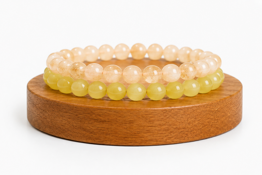Coffret duo Citrine chauffée issue d’Améthyste et Jade Citron teinté, avec deux bracelets jaunes.