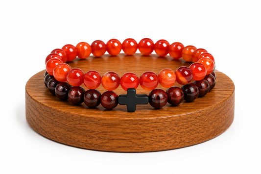 Coffret duo Œil de Taureau et Agate rubanée traitée rouge, avec deux bracelets assortis.