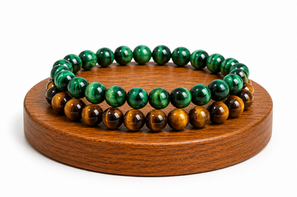 Coffret duo de bracelets Œil de Tigre et Malachite, présenté comme idée cadeau avec deux bracelets assortis.