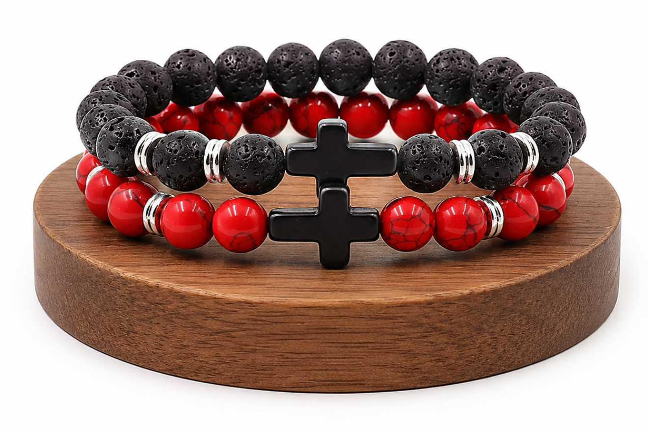 Coffret duo Pierre de Lave et Magnésite naturelle teintée rouge, avec deux bracelets assortis.