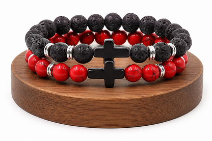 Coffret duo Pierre de Lave et Magnésite naturelle teintée rouge, avec deux bracelets assortis.